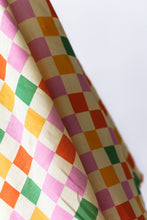 Load image into Gallery viewer, Retro Vibes 100% Linen Checkerboard 140 cm wide $38 pm - order today for delivery in March.
