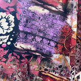 Deadstock: 100% cotton Multi screen print, Purple deep red, metallic silver $12pm